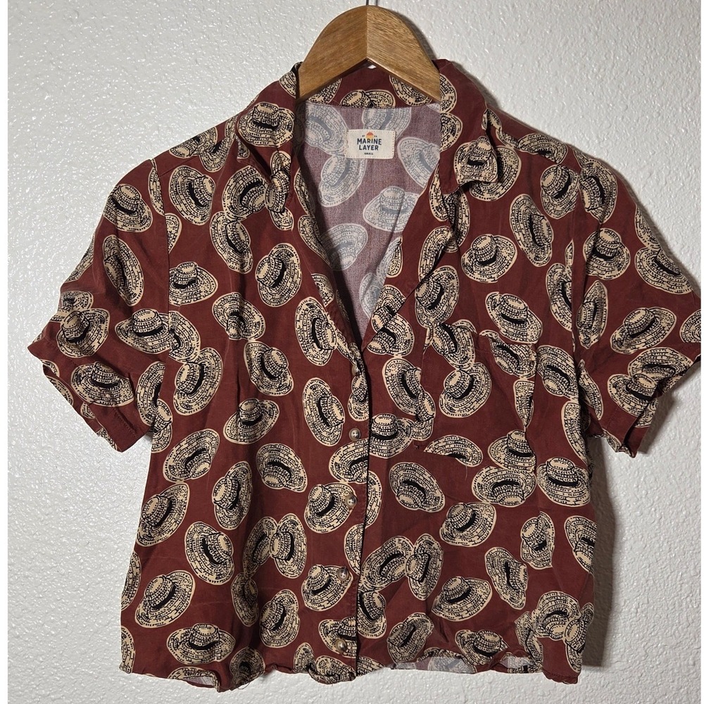 Marine Layer Lyocell Coastal Chic Camp Collar Crop Button Up Straw Hat Print S - Picture 2 of 6
